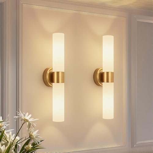 Hardwired Wall Sconces Set of Two, Modern Bathroom Sconces Wall Lighting with Milky White Glass, Brushed Gold Sconces Wall Decor Set of 2 for Bathroom Mirror Bedroom Living Room Hallway by Meybiok