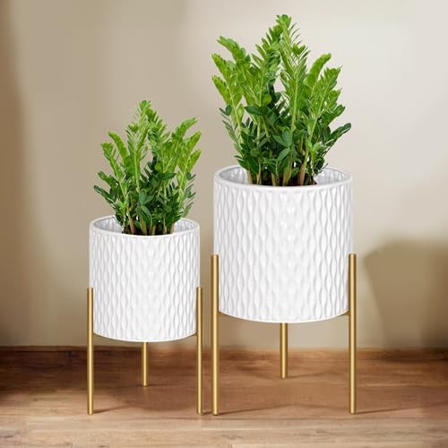 ARNIS Plants Pots with Stand, Set of 2 Planters, Unique Mid Century Decorative Metal Flower Pots with Drainage, 10.5 & 12.25 Inch, White and Gold by ARNIS