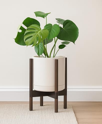 D'vine Dev Ceramic Pot with Walnut Wood Stand, Oatmeal, 10 in, 55-B-X-8 - Image 2