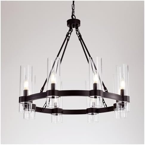 26 Inch Black Wagon Wheel Chandelier with Glass Shade, 8 Lights, Modern Farmhouse Style, Ideal for Dining Room, Kitchen, Entryways by AEULYTIR