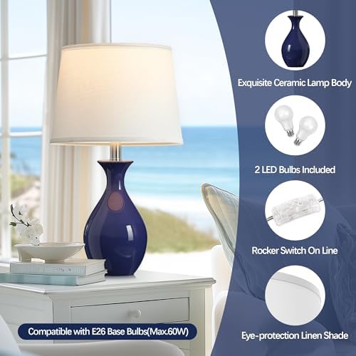 PARTPHONER Table Lamp Set of 2, Modern Ceramic Bedside Lamps for Night Stands, Classic Small Lamp Nightstand Lamp for Bedroom Living Room Desk End Table Rocker Navy Blue - Image 3