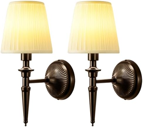 Battery Operated Wall Sconces Set of 2, Wireless Wall Lights with 12 RGB Colors and 3CCT Dimmable, Small Fabric LED Wall Lamps for Bedroom, Living Room, Hallway, Bronze by NICOLONOROutdoorBarnLights