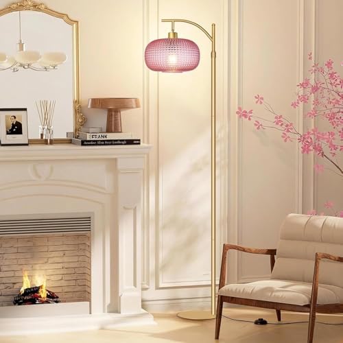 Pink Glass Floor Lamp for Living Room,Bedroom,Gold Dimmable Standing Lamp with Remote,Mid Century Modern Brass Tall Lamp Boho Floor Lamps Arc Stained Glass Flower Floor Light Lamp Girls kids Bohemian - Image 5