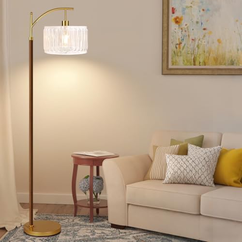ILLMTW Arc Floor Lamp for Living Room,Bedroom,Glass Mid Century Modern Standing Lamp with Remote Dimmable,Wood Vintage Gold Tall Lamp White Lamp Shade Floor Lights Boho Bohemian Tiffany Style - Image 7