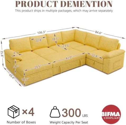 106'' Modular Sectional Sofa with Pull Out Bed, Sleeper Sofa, Yellow - Image 3