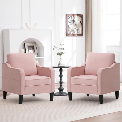 Accent Chairs Set of 2, Upholstered Living Room Chair with Side Pockets, Mid Century Modern Reading Chair for Bedroom, Comfy Armchair Single Sofa Side Chair for Office, Small Room, Pink by choairy