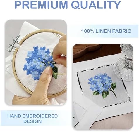 Linen Cocktail Napkins White Set of 6 Hand Embroidered Hydrangea 6"x6" Reusable Mini Cloth Hemstitched Coasters for Birthday Wedding Garden Party Present Blue - Image 4