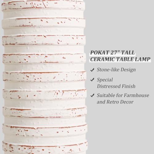 PoKat 27'' Tall Table Lamps for Living Room, Farmhouse Bedside Lamps Set of 2 for Bedroom, Rustic Ceramic Nightstand Lamps with Linen Lampshade Distressed Design for Office Entryway Hallyway (White) - Image 3