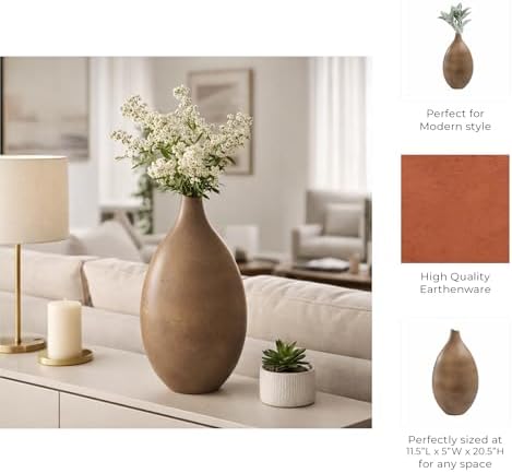 Teardrop Sagres Large Portugal Vase for Home and Bathroom Decor - Ceramic Earthenware for Bedroom, Living Room and Office - Casual Natural Flower Pot for Kitchen Counter Centerpiece - 21", Brown - Image 5