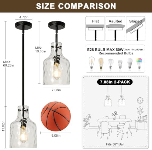 WILON Industrial Glass Pendant Lights for Kitchen Island, Modern Black Pandent Light Fixture 7" Hammered Glass Shade Farmhouse Pendant Lights Adjustable Rod Hanging Light for Kitchen Sink Dining Room - Image 2