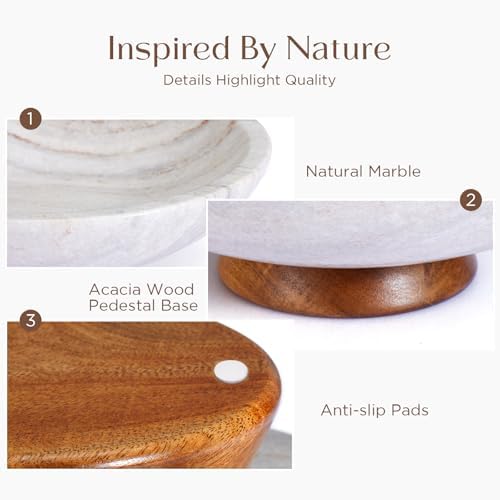 SAMAH Gray Marble Fruit Bowl with Acacia Wood Pedestal, Large Decorative Marble Bowl, Natural Stone Fruit Bowl for Kitchen Counter, Entryway, Keys, Dining Table, House Warming Gifts New Home(11Inch) - Image 3