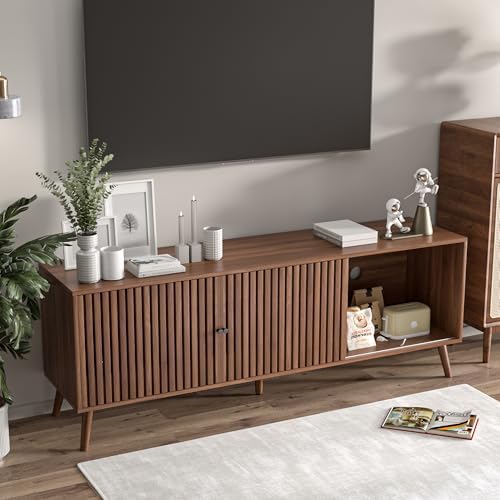 Oubayajia Mid Century Modern TV Stand for Televisions up to 70 Inches, with Sliding Doors and Storage, Television Stands, TV Consoles, Media Consoles for Living Room, 63 Inch (Walnut) - Image 6
