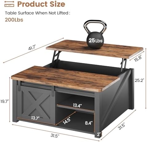 SEDETA 31.5" Lift Top Coffee Table with Storage, Square Coffee Tables for Living Room, Farmhouse Coffee Table with Large Hidden Storage Compartment and Adjustable Shelves, Black - Image 2