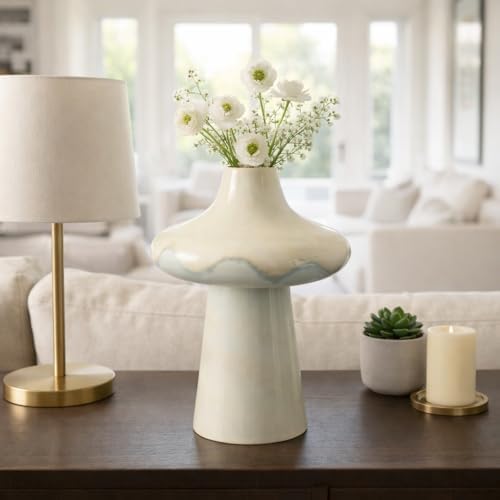 Pedestal Vase for Home Decor - Ceramic Earthenware for Bathroom, Bedroom, Kitchen, and Living Room Centerpiece - Flower Pot Accent Display for Entryway and Office Hallway Styling - 16", Ivory & Blue - Image 2