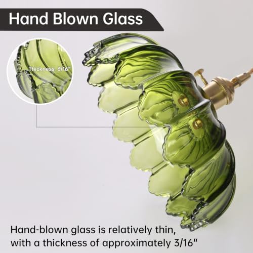 Shenmoyl Plug in Pendant Light Hanging Light Fixtures with Plugin Cord On/Off Switch,Green Scindapsus Glass Lampshade Brass Pendant Light - Image 6