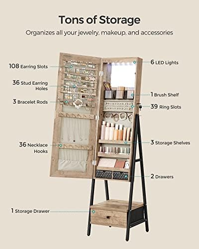 SONGMICS LED Mirror Jewelry Cabinet Armoire, Freestanding Lockable - Image 4