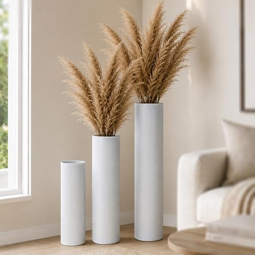 White Tall Ribbed Floor Vase - Set of 3 Metal Large Decorative Vases by Unknown