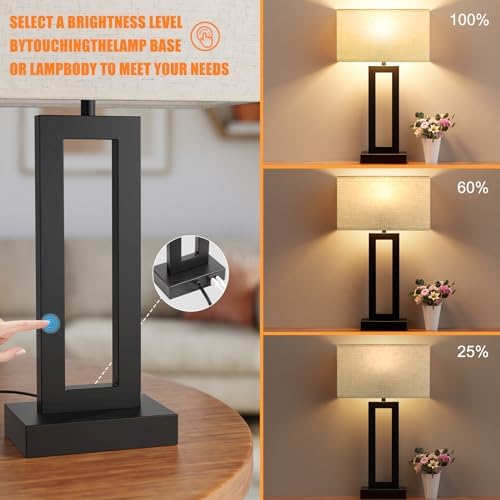 Seealle 22" Tall Living Room Lamps for Night Stands - Touch Bedside Lamp with USB C+A, 3 Way Dimmable Bedroom Lamps for End Tables Set of 2, Modern Night Stand Lamps for Bed Side(Cream&Black) - Image 3
