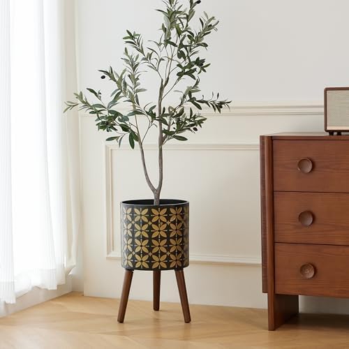12 Inch Planter Pot with Stand, Planter for Indoor Plants, Drainage Holes and Rubber Plug, Modern Mid-Century Flower Planter Pot for Home Garden Patio, Black and Gold - Image 4