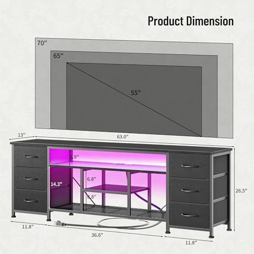 Furologee 63 Inch LED TV Stand, Entertainment Center, Black - Image 3