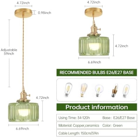 Shenmoyl Battery Operated Pendant Light 5000mAh Rechargeable Chandelier with Remote Control Wireless Adjustable Hanging Green Striped Light for Kitchen Island Dining Room Hallway, 2 Pack - Image 6