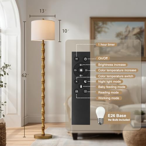 BOBOMOMO 62" Rustic Farmhouse Floor Lamp Antique Gold with Remote & Dimmable 9W Bulb, 3 Color Temperatures Resin Standing Lamp, Retro Tall Lamp for Living Room, Bedroom, Nursery, Office, Reading Nook - Image 3