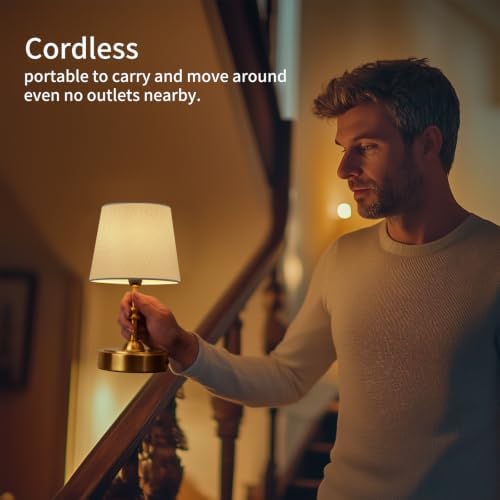 ONEWISH Small Cordless Lamp Dimmable-Battery Operated Table lamp, 4000mAh Rechargeable, Touch Bedside Lamp with White Fabric Shade, 2700K Bulb Included, for Dining, Patio, Bathroom(Gold) - Image 2