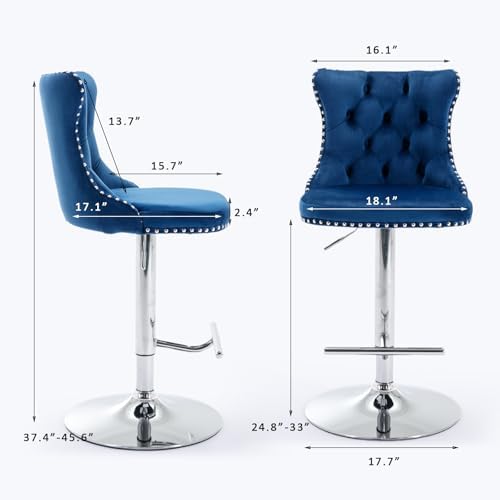 SoarFlash Velvet Bar Stool Set of 2, Adjustable Swivel Bar Stools with Silver Plated Metal Leg, Button Tufted, Footrest, Chrome Nailhead, Counter Height Chair for Kitchen, Bar, Dining Room (Blue) - Image 2