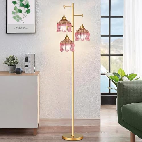 QIYIZM Pink Floor Lamp for Living Room,Bedroom,Gold Mid Century Modern Standing Lamp Brass Tree 3 Light Tall Floor Lamps Vintage Retro Floor Lights Glass Flower Lamp Shade Girls Kids Boho Bohemian - Image 7