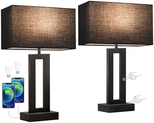 Seealle Nightstand Table Lamps for Bedrooms Set of 2 - Touch Bedside Lamp with USB C+A, 3 Way Dimmable Living Room End Tables 2, Modern Night Stand Bed Side Guest Room(Black) E. Black - Image 7