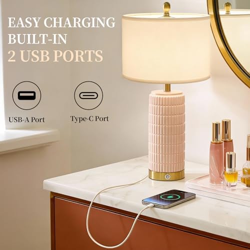 PoKat 25'' Table Lamps Set of 2 for Bedroom with 3-Way Dimmable Touch Control, Bedside Lamps with USB A+C Ports for Living Room, Modern Ceramic Pink Lamps for Kids Girls Decor (2 Bulbs Included) - Image 2