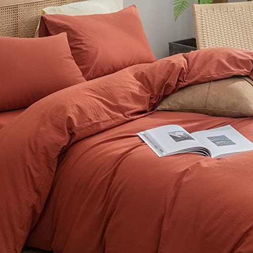 BESTOUCH Cotton Solid Duvet Cover Set Linen Feel Burnt Brick Red King - Image 2
