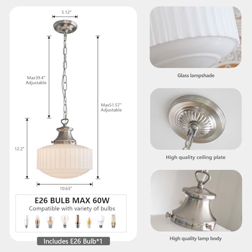 Vintage Milk Glass Pendant Light Fixtures, 10.63" Milk Glass Chandelier, Brushed Nickel Pendant Lights Kitchen Island, Milk Glass Pendant Light for Kitchen Island Lighting, Dining Room & Entryway - Image 7