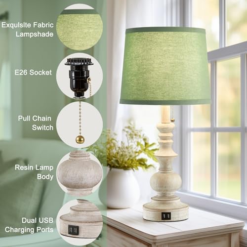 Drawealth 22'' Farmhouse Lamps for Bedrooms Set of 2 Bedside Lamps for Nightstand with USB Charging Ports Traditional Boho Table Lamps for Living Room Study Room,Green Shade,Bulbs Not Included - Image 4