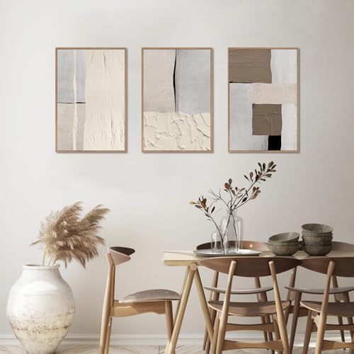LHIUEM Large Abstract Neutral Framed Canvas Wall Art Set,Mid Century Beige Textured Wall Decor,Brown Gray Block Art Painting for Living Room,Bedroom,Dining Room,Office -24"x36"x3 - Image 3