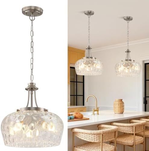Modern Pendant Lights Kitchen Island, 3-Light Brushed Nickel Pendant Light Fixtures with 14.2" Clear Hammered Glass Shade, Hanging Pendant Lights Fixture for Kitchen Island Dining Room Foyer Entryway by BringBrightnesstoYourLife