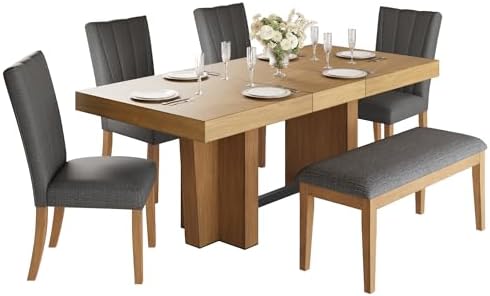 6-Piece Farmhouse Functional Dining Set, Rubber Wood Extendable Dining Table with 4 Upholstered Chairs& Bench, Thick Tabletop and Trestle Legs, Rectangular Dining Room Table Set for 6 (Gray-7.2) - Image 5