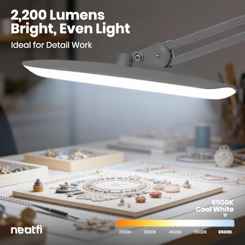 Neatfi XL 2200 Lumens 24W LED Desk Lamp – Shadow-Free Task Lighting | 4-Level Dimming | Home Office & Crafts Use | 20-Inch Wide Head (Silver, Non-CCT with Clamp) - Image 6