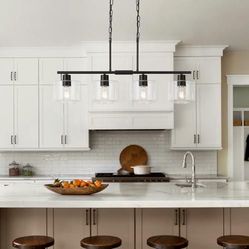 4-Light Kitchen Island Lighting, Modern Black Linear Dining Room Chandelier Light Fixtures with Clear Glass and Chain, Farmhouse Hanging Lights for Kitchen Island Dining Room, OS-YQ8153-4ISBKC - Image 5