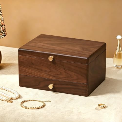 Black Walnut Wooden Jewelry Box for Women, 3 Layer Organizer with Drawer by Vwixkuxx