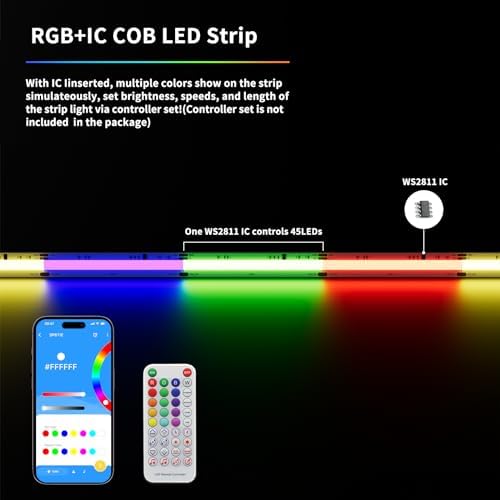 RGB Smart IC COB LED Strip Light 18ft Addressable Chasing Color 12V LED Light Strip Multicolored Flexible RGB Lights for Party, Decoration, Home DIY Lighting Projects(NO Adapter or Controller) - Image 4