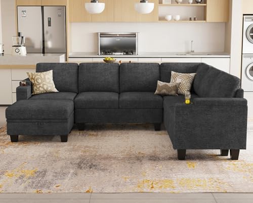 Belffin Chenille Modular Sectional Sofa Convertible L Shaped Corner Couches for Living Room with Storage Armrest with Cup Holder Dark Grey Couch - Image 4