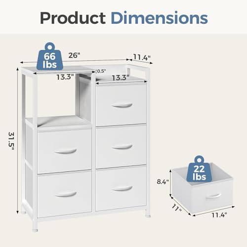 DUMOS White Dresser for Bedroom, 5 Drawer Small Fabric Closet Dresser - Image 3