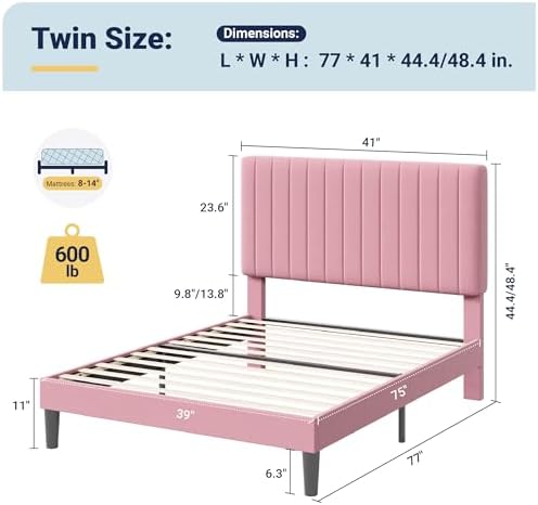 Allewie Twin Bed Frame, Velvet Upholstered Platform Bed with Adjustable Vertical Channel Tufted Headboard, Mattress Foundation with Strong Wooden Slats, Box Spring Optional, Easy Assembly, Pink - Image 2