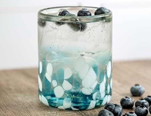 12 oz Hand Blown Mexican Drinking Glasses - Set of 6 tumblers, 11-13 fl oz each, Ocean Blue Confetti - Image 3