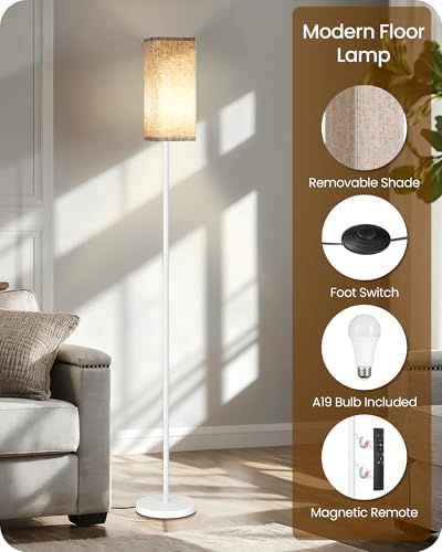64.2'' Dimmable Floor Lamp for Living Room with Remote and Foot Switch, Corner Floor Lamp for Bedroom, Includes 10W A19 Bulb, Modern Standing Tall Lamp, ETL Listed White and Beige WE17LD05 - Image 7