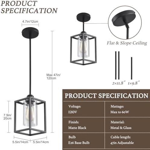 3 Pack Stem Rod Black Pendant Lights for Kitchen Island Industrial Lantern Pendant Light Fixtures with Clear Glass Shade, Farmhouse Adjustable Height Hanging Pendant Lighting - Image 3