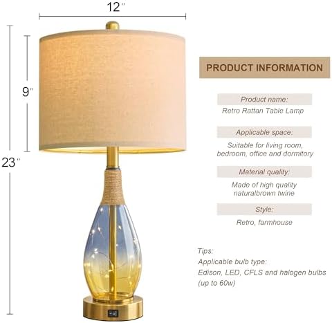 OYEARS 23" Table Lamps for Living Room Set of 2,Bedside Lamps for Night Stands, Rattan Lamps for Bedroom,Farmhouse Lamps with Glass Nightlight,Two Light Points - Image 6