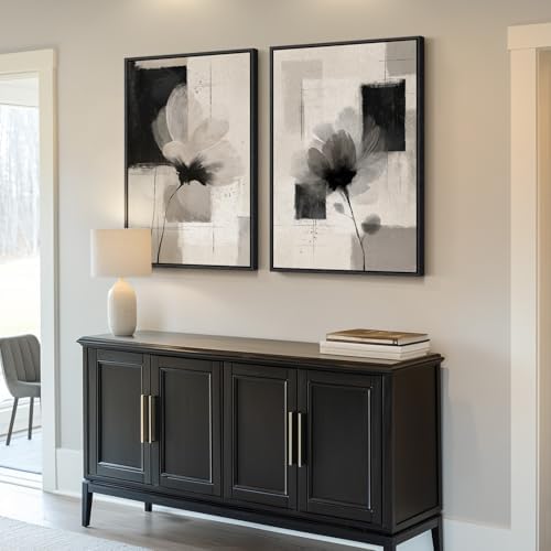 Large Framed Neutral Abstract Floral Wall Art for Living Room, 24x36 In - Image 2