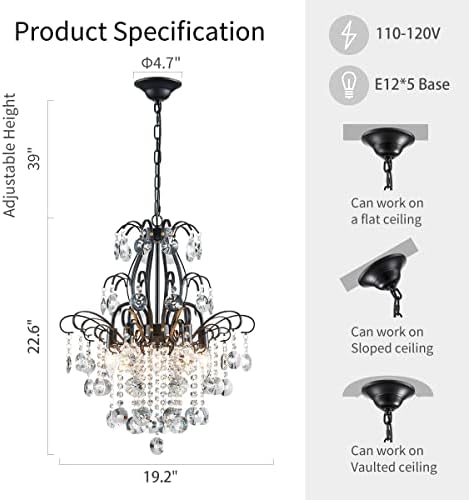 WUZUPS Crystal Chandelier 5-Light Pendant Ceiling Light Modern Lighting Fixture for Bedroom Hallway Bar Kitchen Bathroom, H 22.6'' x W 19.2'', E12 Base, Black - Image 2